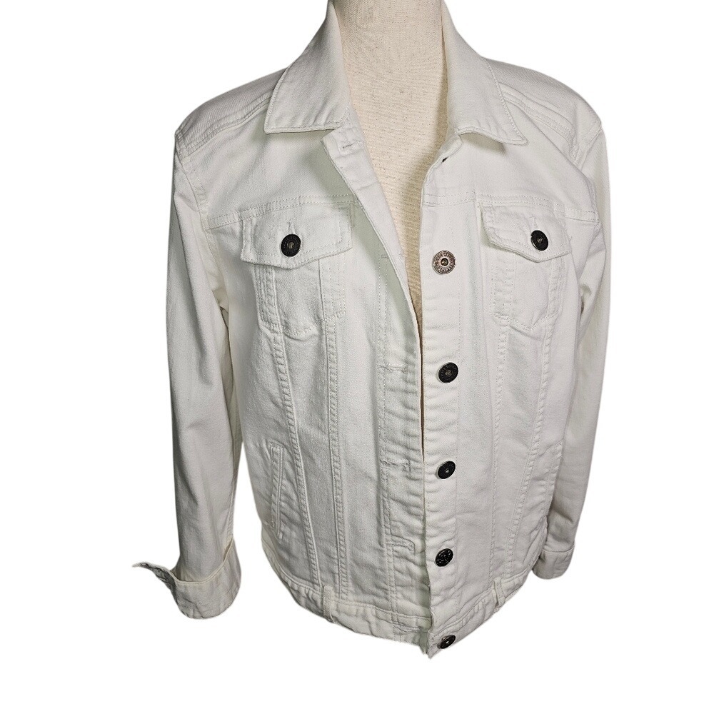 White Eddie Bauer White Jean Jacket with Bronze Buttons Stretchy  XL - Picture 2 of 15